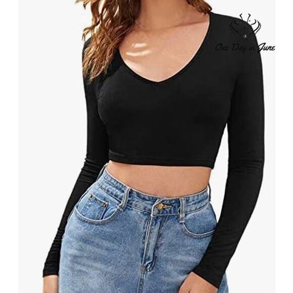 Verdusa V Neck Crop Long Sleeve Top Size M - Picture 1 of 6